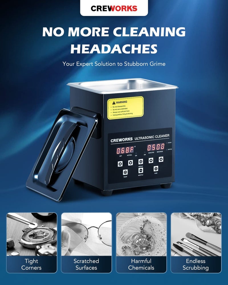 CREWORKS 2L Digital Ultrasonic Cleaning Machine with Degas and Gentle Mode, 60W Ultrasonic Cleaner Machine with Heater and Timer, 0.5 gal Ultrasound Cleaner for Retainer Watch Denture Glasses More - Image 2